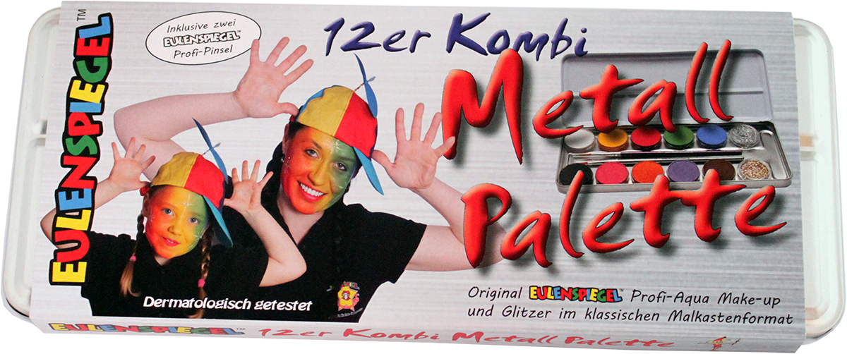 10 Farben 2 Glitzer Metall-Palette im Metalletui und 2 Profi-Pinsel