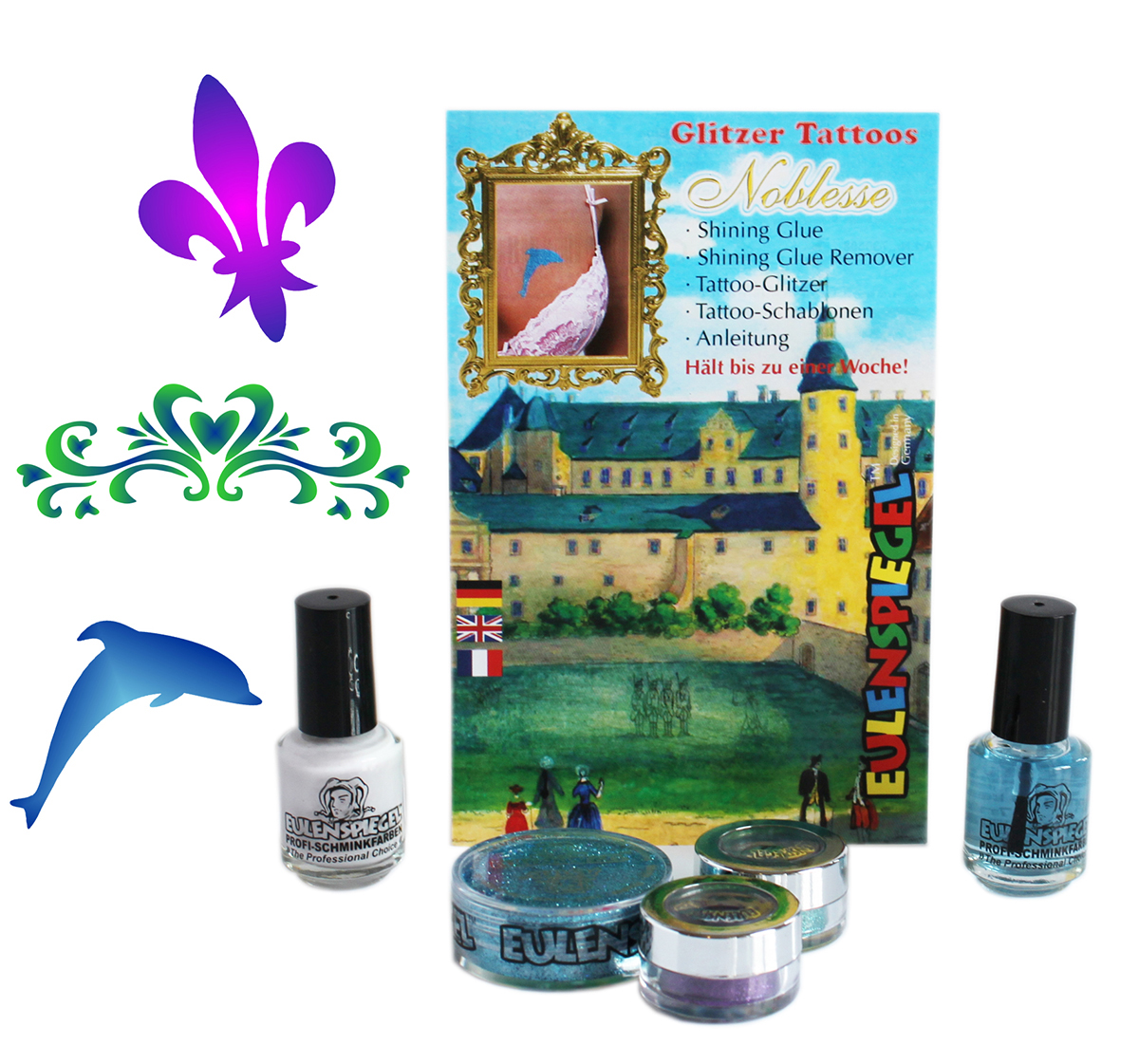 Glitzer Tattoo-Set Noblesse Shining Glue, Remover, Glitzer, Schablonen