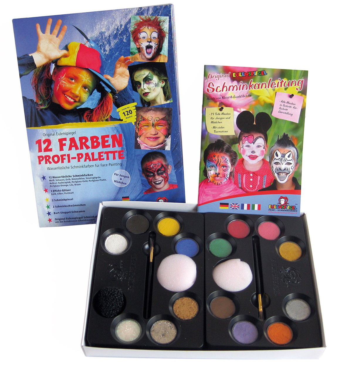 12 Farben-Profi-Schmink-Palette 12 Farben, 3 Glitzer, Schwamm, Pinsel u. Anleitung