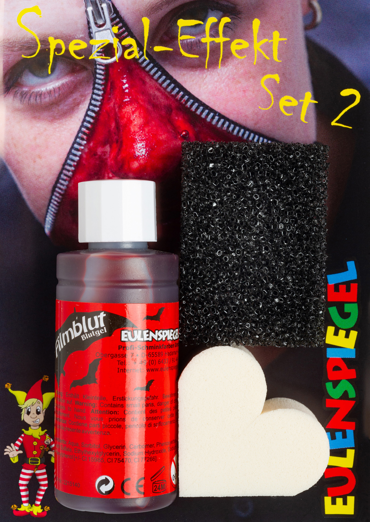 Spezial-Effekt Set 2, Filmbl.+Bart-Stoppel+Latexs. Filmblut 50ml, Bart-Stoppel & Latex-Schwamm